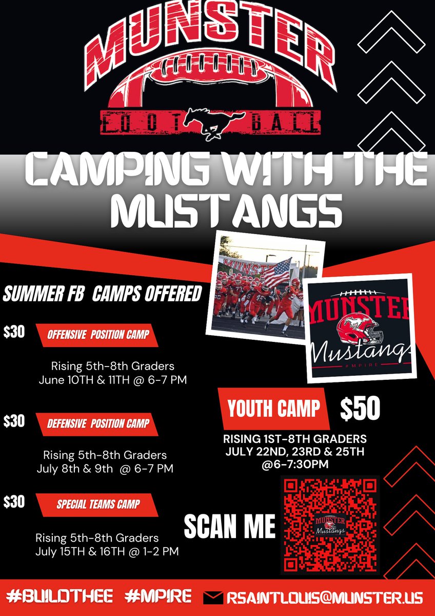 First up is our Offensive Position Camp: 

Who: Rising 5th-8th Grade

When: June 10th and 11th 6-7PM

Where: Football Field

Cost: $30 register online at
munstermustangs.com/Registrations

 #BuildTheE #Mpire #ToTheTop