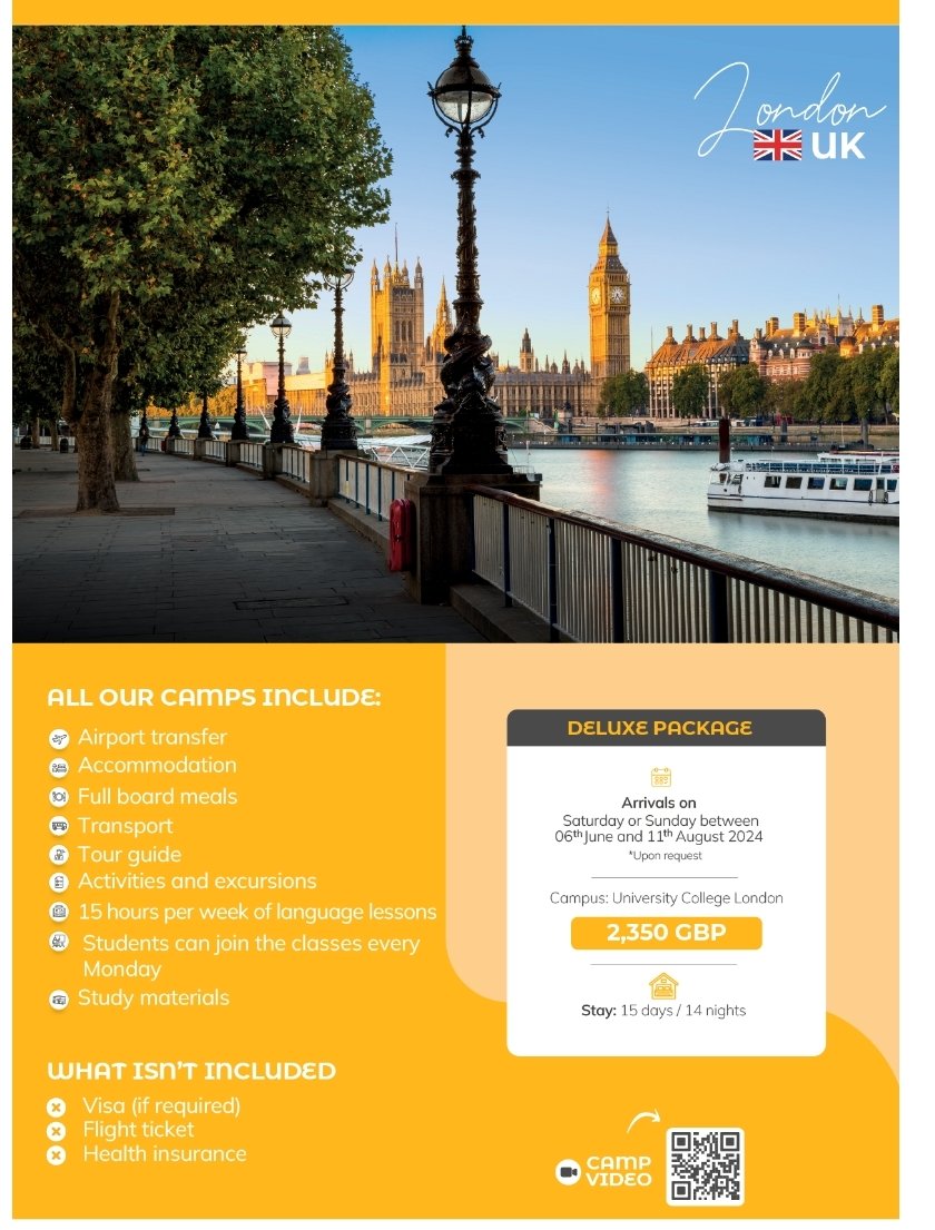 Ostatnie miejsca na międzynarodowym kursie językowym w Londynie. 
Zakwaterowanie na terenie kampusu University College London.
20 lekcji na tydzień
2 programy do wyboru English Plus  lub Young Leaders Plus
All inclusive package 2350 funtów 
study.com.pl