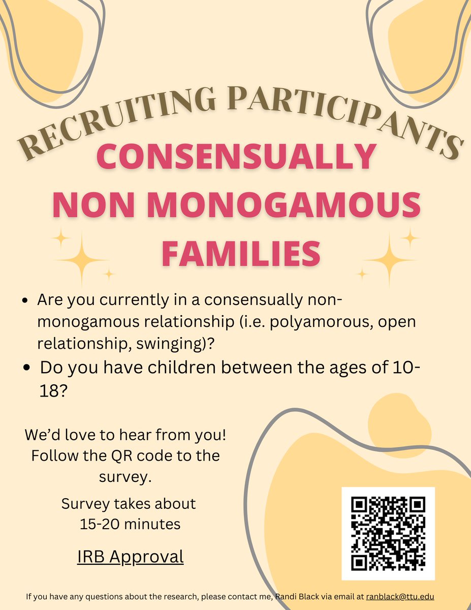 Seeking participants who are currently in #ConsensuallyNonMonogamous relationships and have children who are 10-18 years old to participate in my study on #CNMfamilies. 

Pleas share! ❤️🧡💛💚💙💜

#polyparents #familydiversity #loveislove #ethicalnonmonogamy