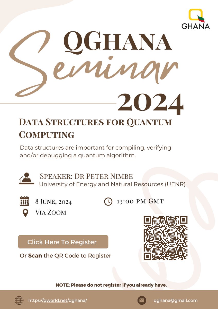 ghana_q's tweet photo. Are you a quantum enthusiast? If are you interested in learning about #QuantumDataStructures, then join QGhana an educative seminar with our resource personnel Dr. Peter Nimbe.
Find details on the flier below.
Come lets #entangle https://t.co/Hoial4nXbB