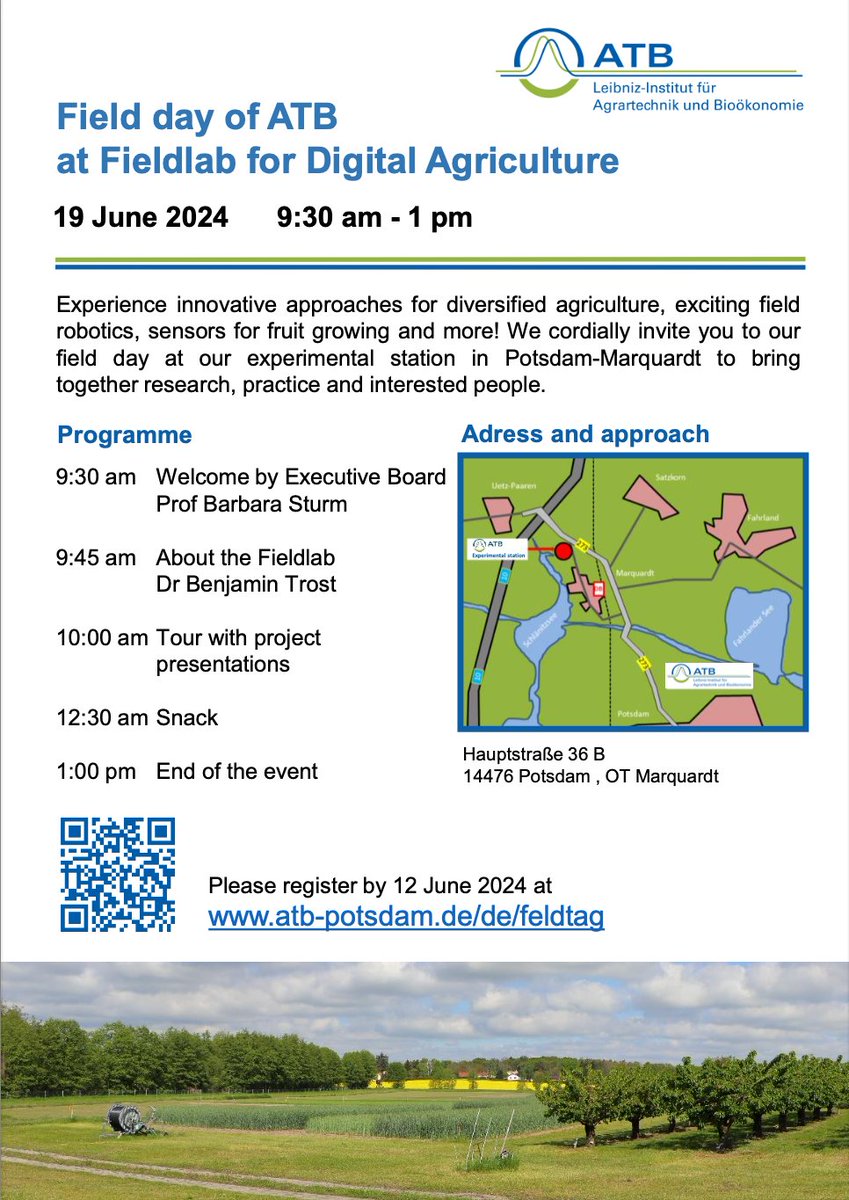 📢 Great news!     
🌿The <a href="/LeibnizATB/">Leibniz-Institut für Agrartechnik und Bioökonomie</a> organises the #DTSW on innovative approaches for diversified agriculture.
🕰️The #DTSW will be conducted on Wednesday, 19 June 2024, 9:30-13:00.
Check the flyer and the <a href="/D4AgEcol/">D4AgEcol</a> homepage for more information!
👉d4agecol.eu/atb-potsdam-ge…