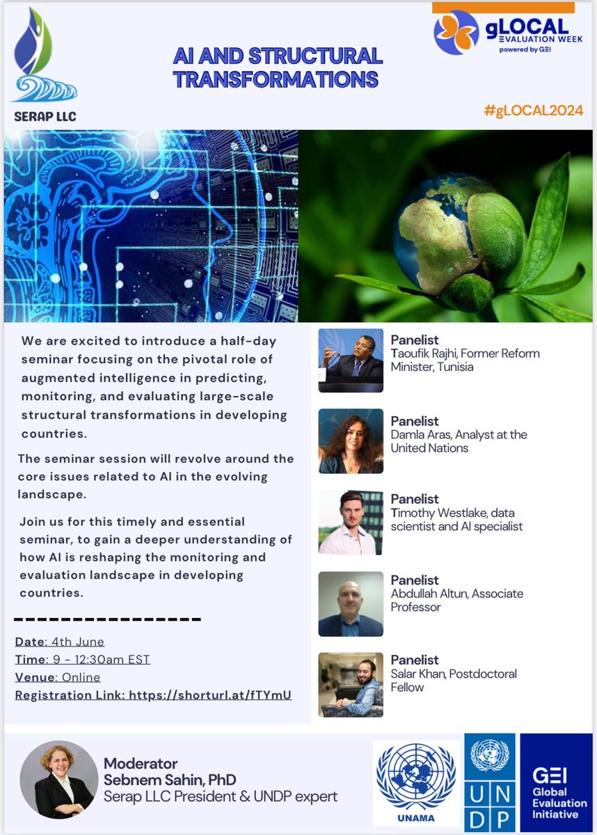 salarppolicy's tweet image. Join us tomorrow as we discuss the role of AI in driving structural transformations in developing countries. Register now at shorturl.at/cH40M . Venue: shorturl.at/fTYm
@ScharSchool @GEI_GlobalEval @MasonResearch @DrAltunA
#gLOCAL2024 #AIforDevelopment