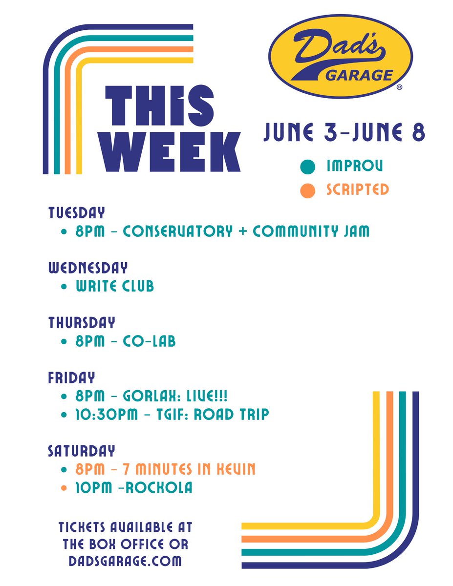 Write Club, Gorlax, Road Trip, 7 Minutes in Kevin, Rockola and more - a week full of delights!

🎟: dadsgarage.com