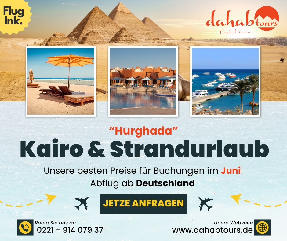 Dahabtours's tweet photo. 🌍 Entdecke Ägypten: Kairo &amp; Strandurlaub zum Traumpreis!🌞

https://t.co/oo7s91RIdJ

🎉 Sichere dir jetzt unsere besten Angebote für Buchungen im Juni!

weitere Informationen:
https://t.co/R9K0eTEXU4

Ihr dahabtours-Team https://t.co/zIGAjgVMFl