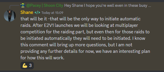 Paceeeey's tweet photo. So I asked Shane about the supplies of current raiding civs. 
Here's what I asked: 
"When we get to max supply of the raiding civs will there be a new gen of those or is this supply all that there will be?" and his reply is below.

What do you guys think? Super interesting. https://t.co/itAODIC3mB