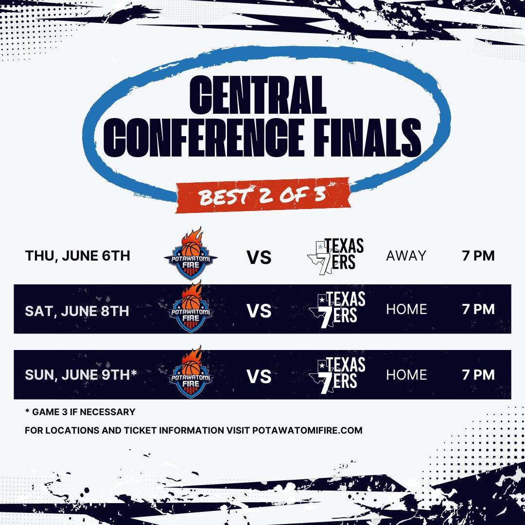 PotawatomiFire's tweet image. The Central Conference Finals are set!

The Fire and the Texas 7ers will face off in a best of three series beginning on Thursday.

For more information visit potawatomifire.com.

All games will be aired on TBL TV and KGFF Radio.
