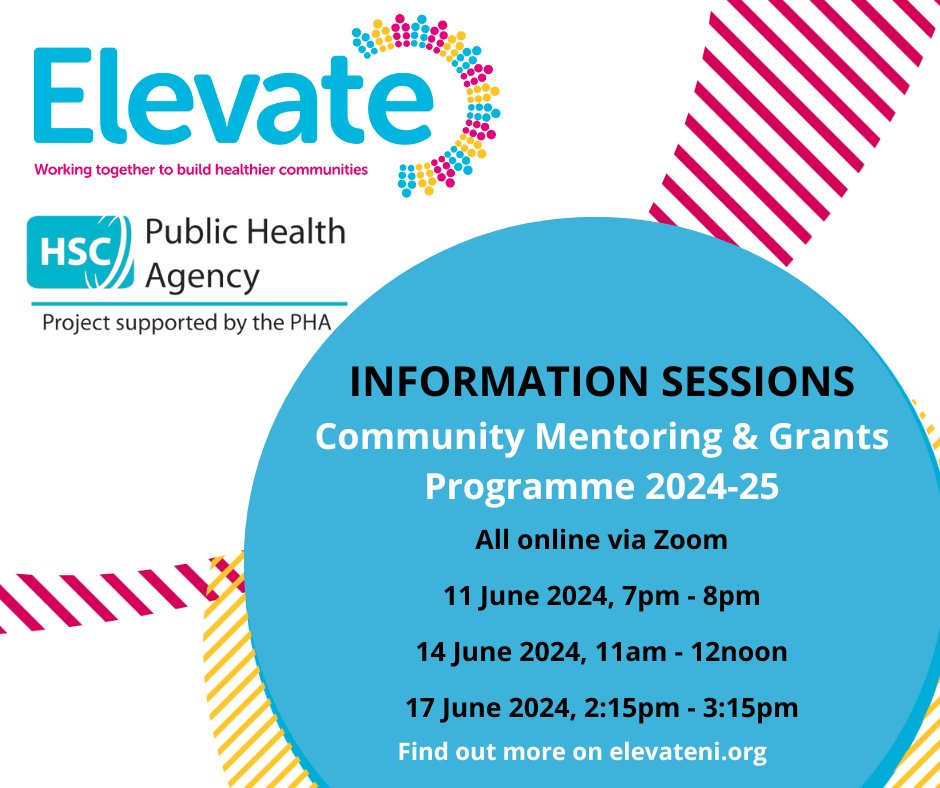 Our <a href="/publichealthni/">Public Health Agency</a> Elevate Community Mentoring and Grants Programme 2024-25 is NOW OPEN!  It provides groups with mentoring &amp; funding (up to £5k) to deliver a project which uses community development to tackle health inequalities.  Find out more here elevateni.org/mentoring-gran…
