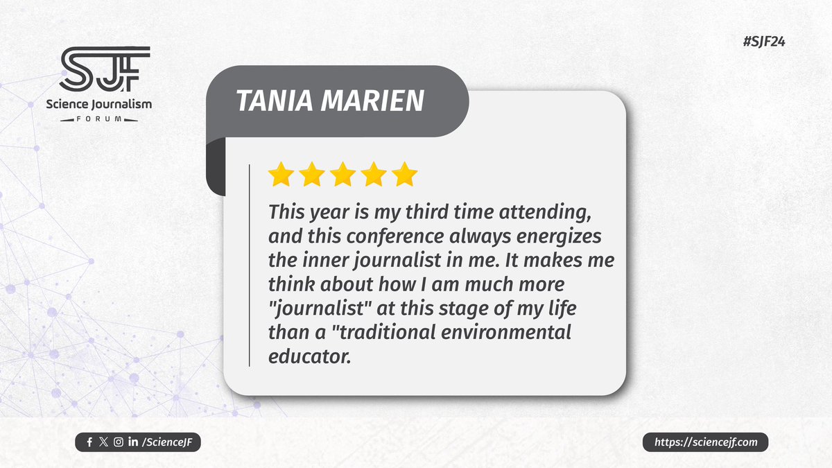 ScienceJF's tweet photo. What did PAST attendees say about SJF? ✨
Explore below some of our attendees' testimonials about the forum.
Want to join us? Don't hesitate to get your ticket now for 50% OFF, for a limited time only!
https://t.co/v94h4guvrm
@Bouldjeri
#SJF24 #Feedback #science_journalism https://t.co/1qTsoaZlqg