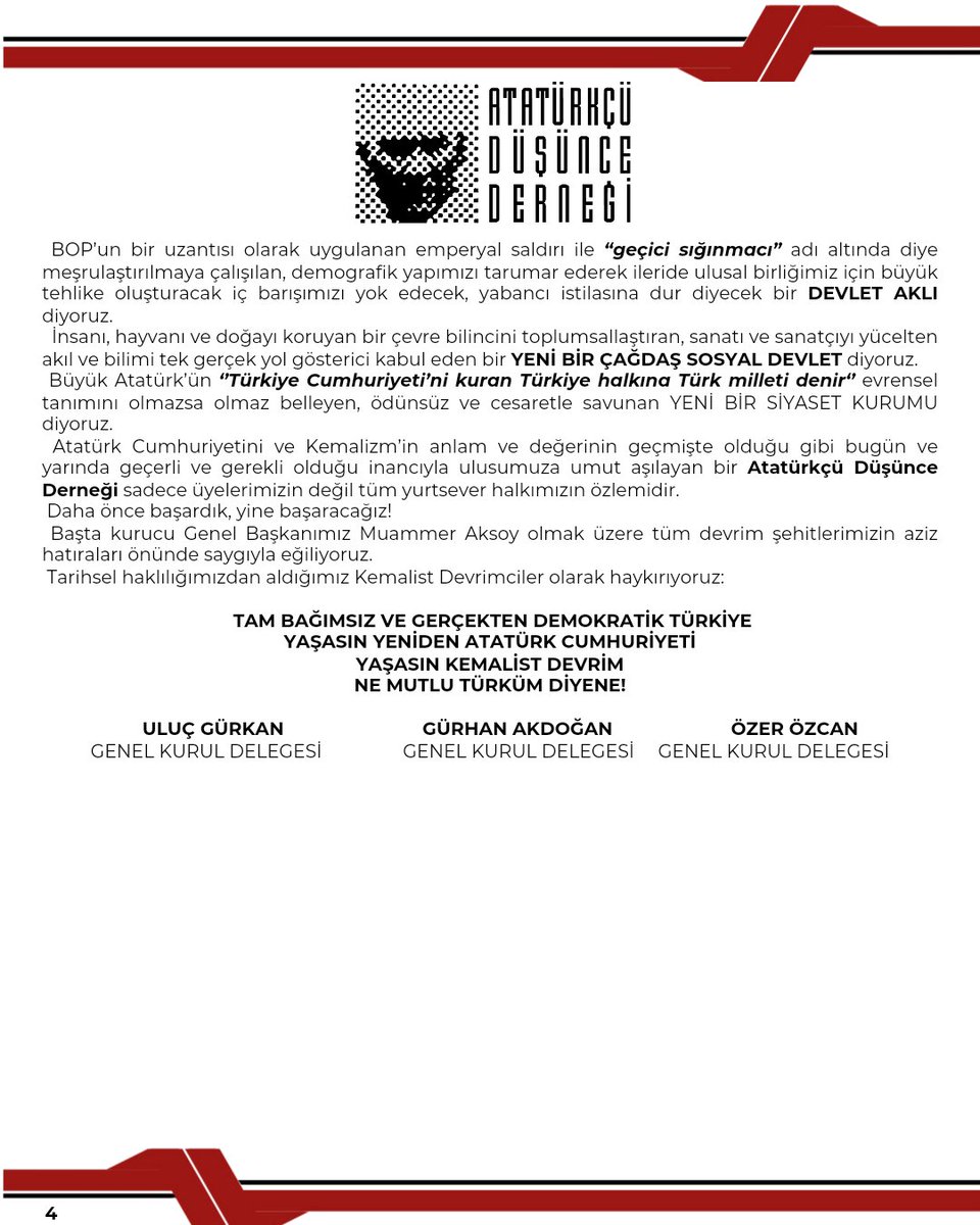 add_genelmerkez's tweet photo. ATATÜRKÇÜ DÜŞÜNCE DERNEĞİ’mizin 01-02 Haziran 2024 tarihlerinde gerçekleştirdiği 17. Olağan Genel Kurulumuzca onaylanan "17.Olağan Genel Kurul Sonuç Bildirisi" değerli basınımızın ve kamuoyunun bilgisine sunulur. https://t.co/GJbYgMCR1e