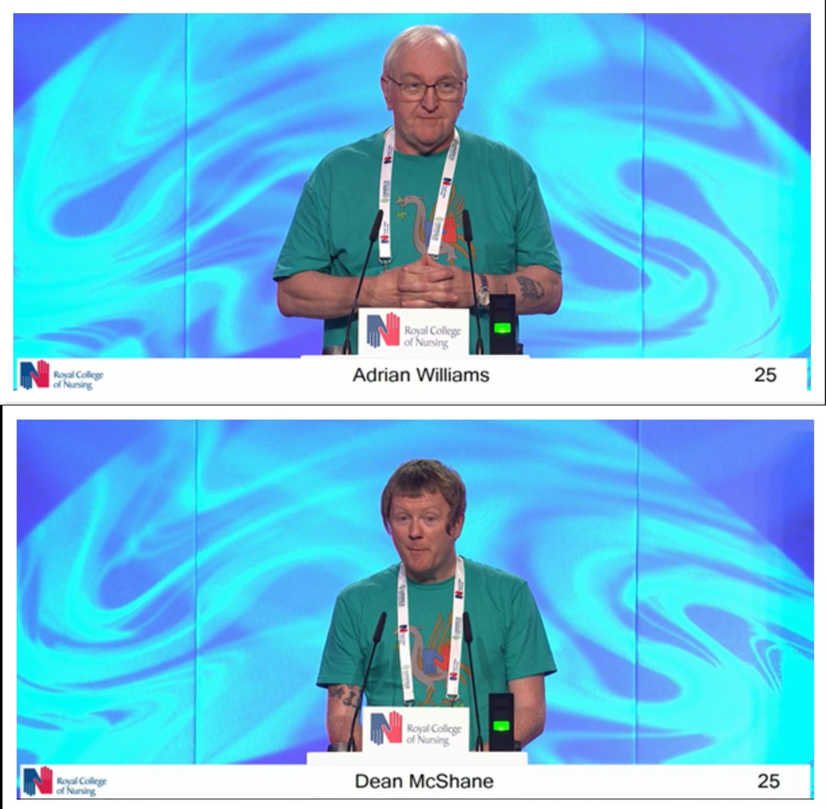 RCN Greater Liverpool and Knowsley members Dean McShane and Adrian Williams taking to the podium at #RCNCongress to discuss the positive impact AI can have on the health and care sector including the diagnosis and management of dementia.