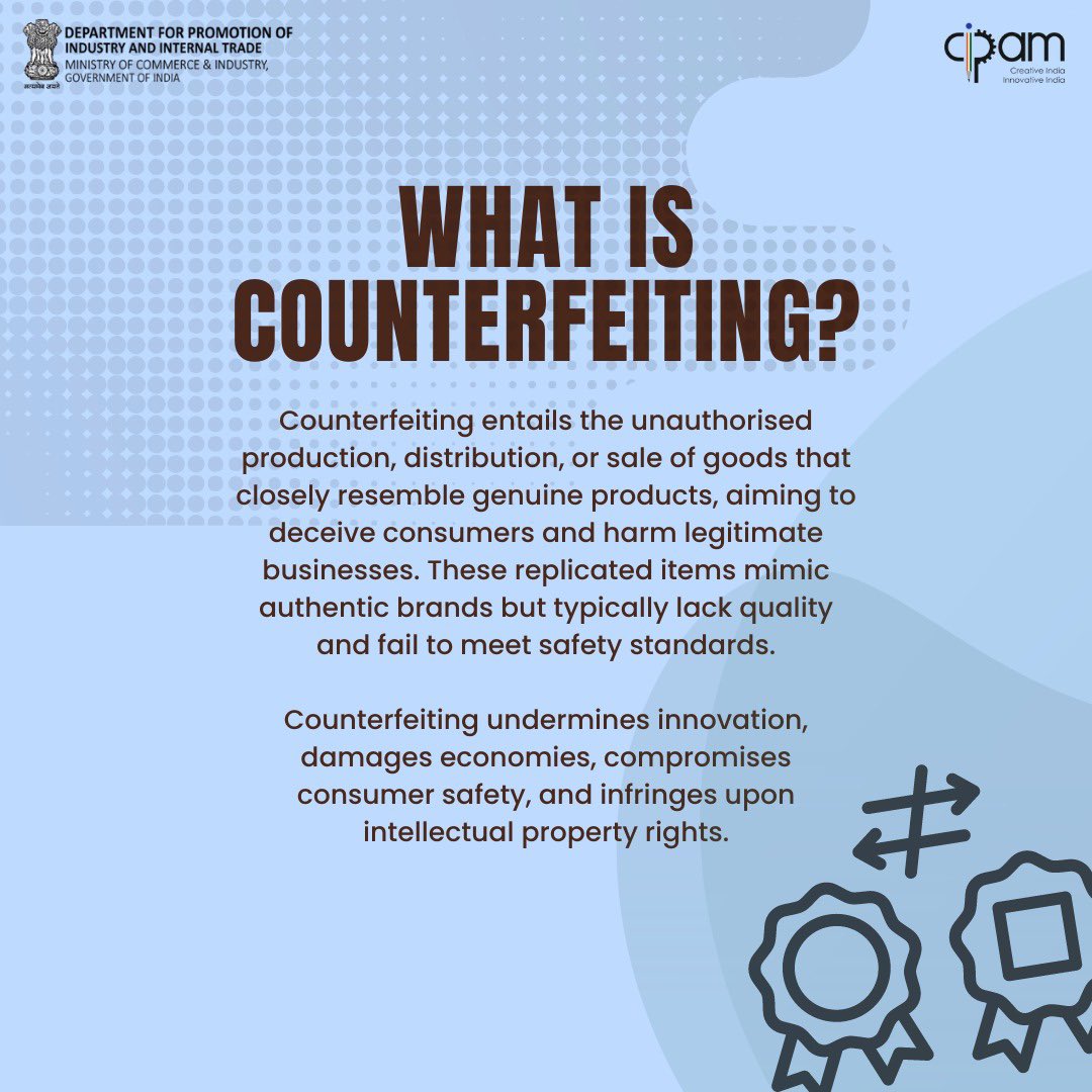 CIPAM_India's tweet photo. We're back with #MeaningfulMondays! Join us as we raise awareness on Counterfeiting this June. Counterfeiting affects us all - unsafe products & stifled innovation. Stand against fake goods this Anti-Counterfeiting Awareness Month! #StopCounterfeiting #ProtectIP #StaySafeIndia https://t.co/TzECbMF8tC