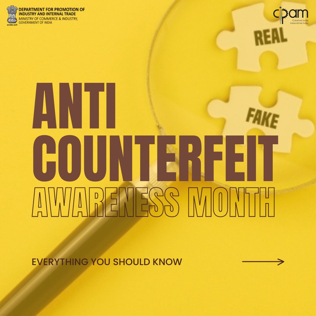 CIPAM_India's tweet photo. We're back with #MeaningfulMondays! Join us as we raise awareness on Counterfeiting this June. Counterfeiting affects us all - unsafe products & stifled innovation. Stand against fake goods this Anti-Counterfeiting Awareness Month! #StopCounterfeiting #ProtectIP #StaySafeIndia https://t.co/TzECbMF8tC