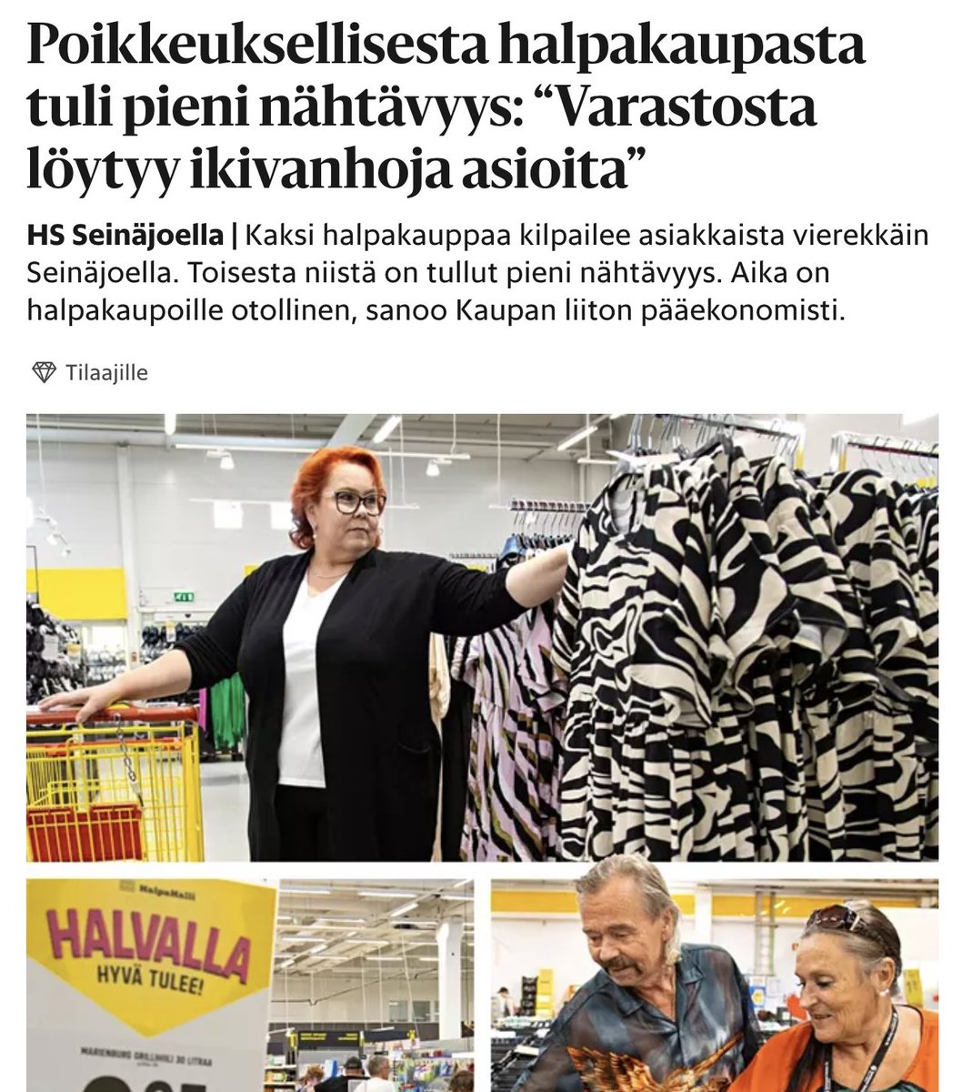 antti9arvenpaa's tweet photo. HS:ssa kiinnostava paikallisjuttu Seinäjoelta Sopuraha-halpakaupasta. Yritin saada yrittäjää haastatteluun noin 10 v sitten tässä onnistumatta, eikä Hesariakaan onnistanut.
Tässä 🧵 pohdin, miksi Sopuraha menestyy ja mitä muut voisivat siltä oppia.
1/#halpakauppa https://t.co/KpEjdHQpRI