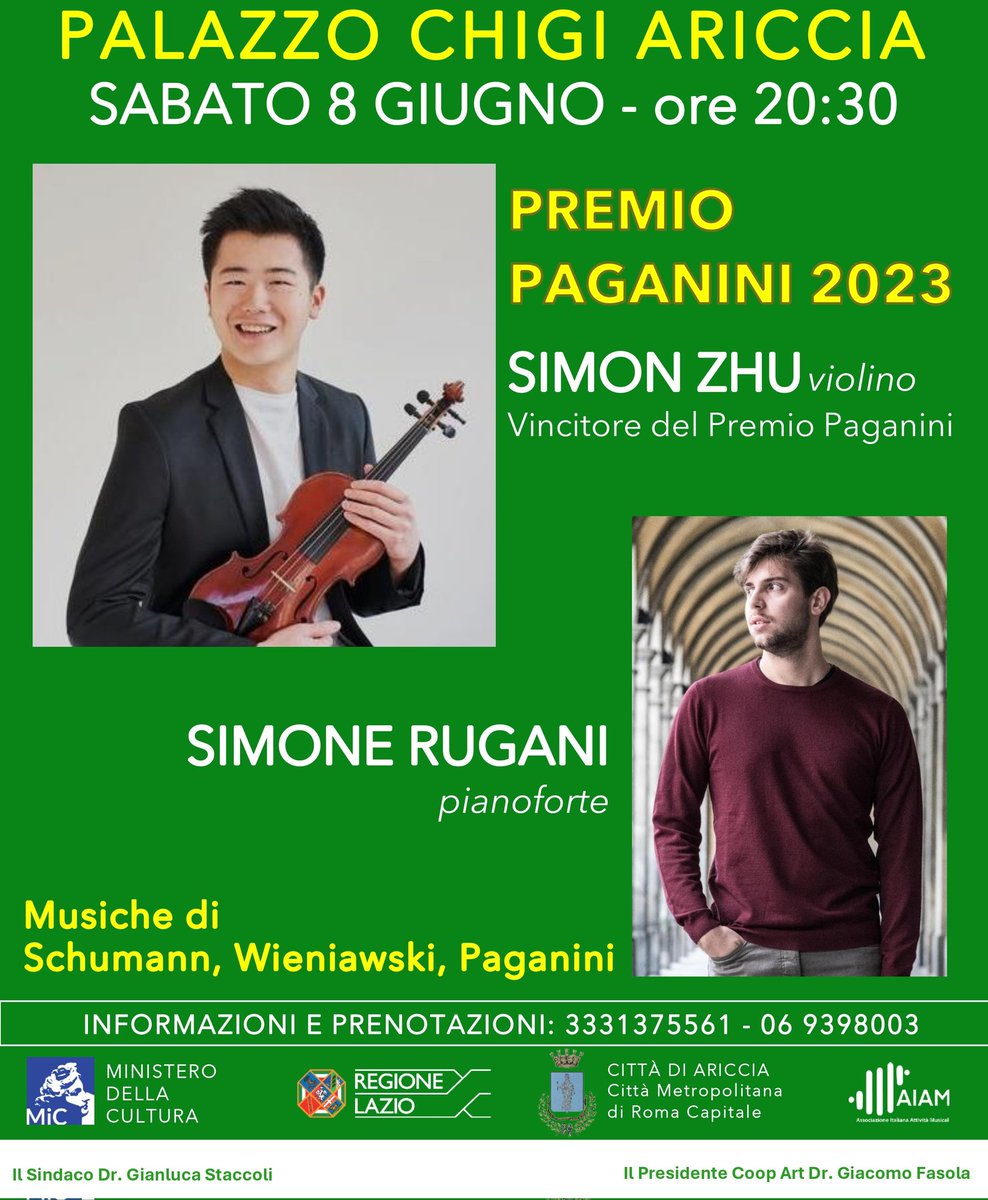 ❗UNICA DATA a ROMA e nel LAZIO del VINCITORE del PREMIO PAGANINI 2023 ❗
*
Simon Zhu violino e vincitore
Simone Rugani pianoforte
*
Info e prenotazioni 3331375561