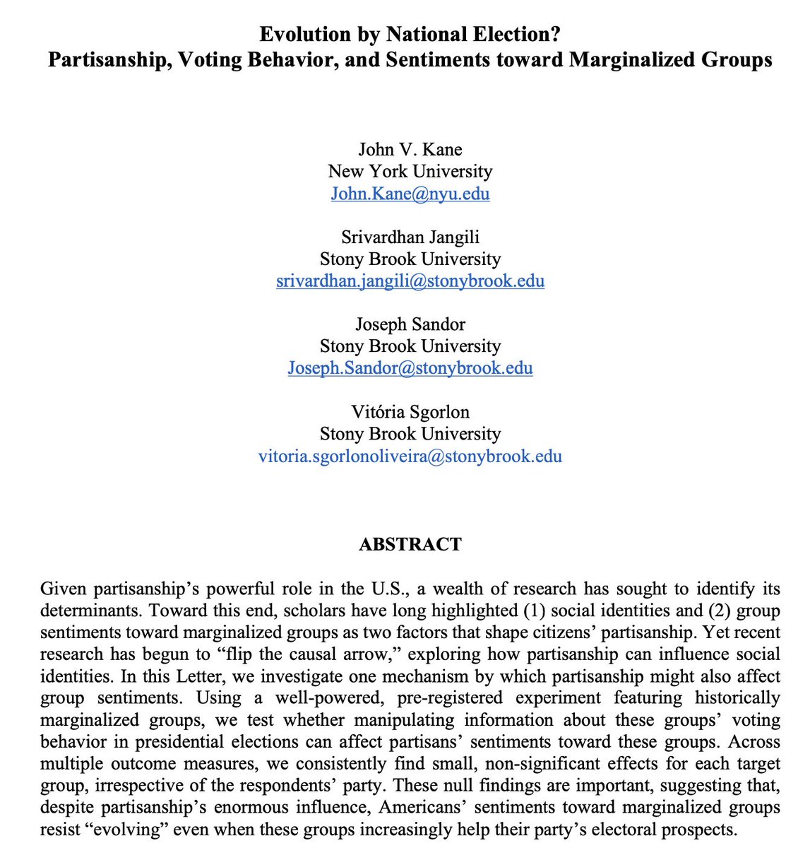 UptonOrwell's tweet photo. 🚨New working paper w/ some terrific @SBUPoliSci grad students!

Using a pre-registered experiment, we test whether shifts in groups' voting behavior can change partisans' sentiments toward members of those groups (Black, LGT &amp; Muslim Americans). 🧵

https://t.co/cFen7gqrGy https://t.co/L3XbwGtXlh
