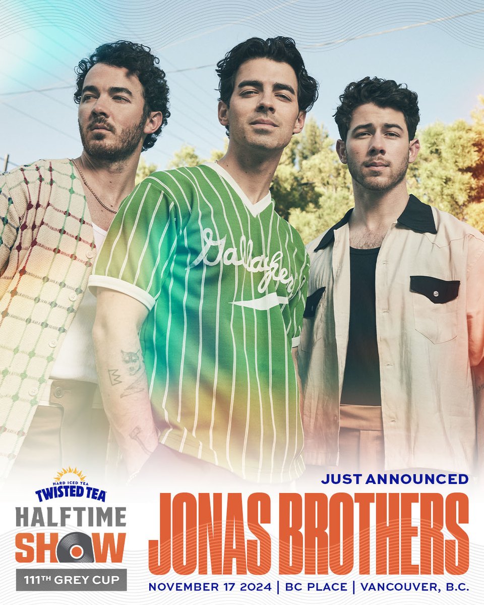 CFL's tweet image. JONAS BROTHERS.  VANCOUVER.

@TWISTEDTEA

#GREYCUP HALFTIME SHOW.

LET’S GO!

💻: cfl.ca/2024/06/03/the…