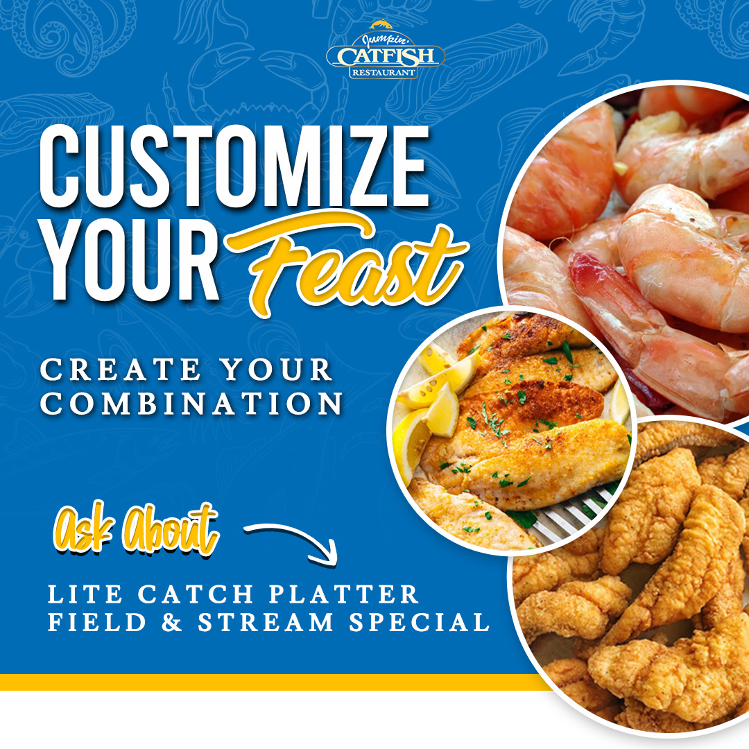 OlatheJumpinCat's tweet image. Looking for a unique dining experience? Check out Jumpin' Catfish! Our menu offers customizable feasts, lite catch platters, and a must-try Field &amp;amp; Stream special for seafood lovers. Come dine with us today! #JumpinCatfish #DeliciousOptions 🐟🍴🍽️