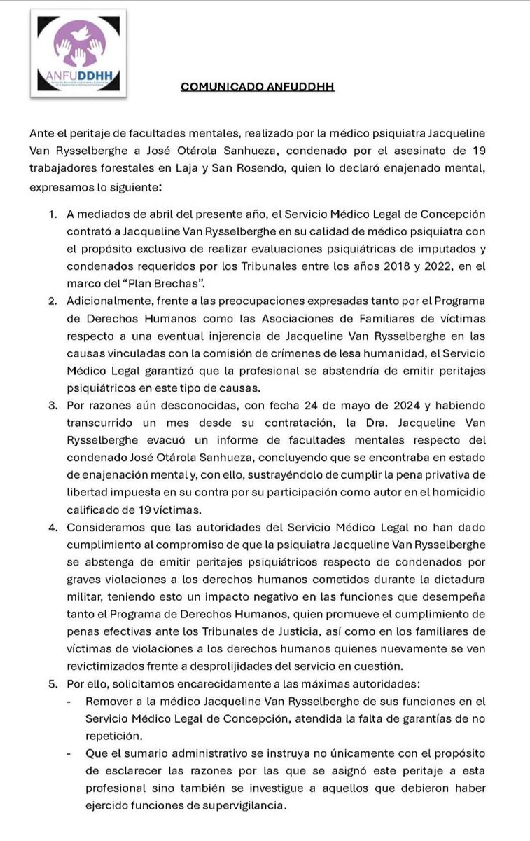 Comunicado por informe pericial realizado por Jacqueline Van Rysselberghe a condenado por crimen de lesa humanidad.