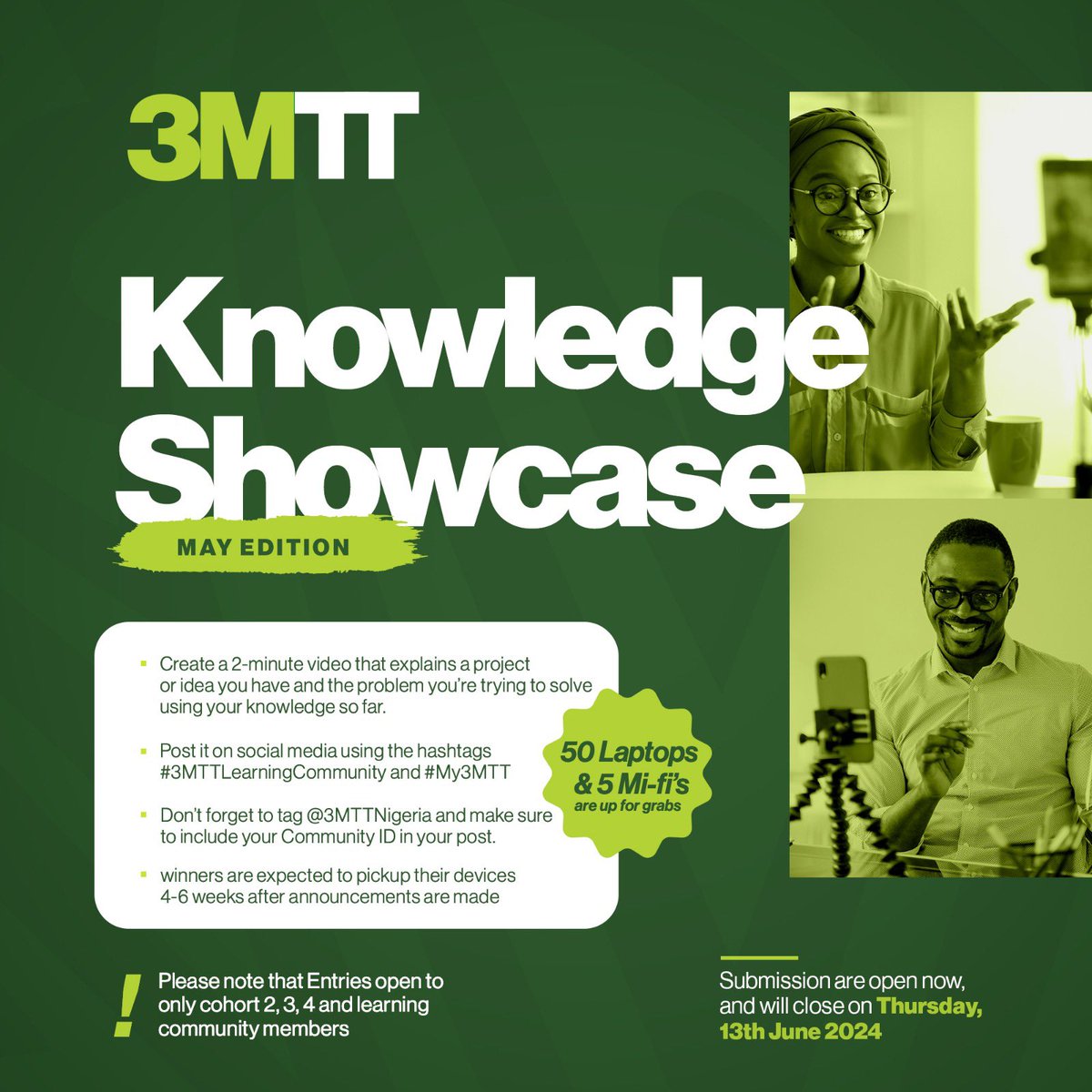 3MTTNigeria's tweet image. Hello Learning Community Members and Fellows (Cohort 2, 3 &amp;amp; 4), the May edition of the #3MTT Knowledge Showcase is finally here! 

It&apos;s time to share your latest project or present what you&apos;ve learned in your courses for a chance to win a laptop or 5G Internet Modem!