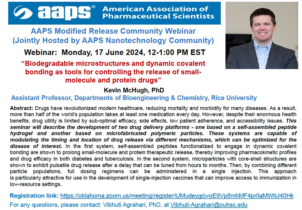 Ryan M. Pearson, PhD (@ryanmpearson) on Twitter photo Please consider registering for this Webinar by Dr. Kevin McHugh (<a href="/kjmchugh1/">Kevin McHugh</a>) on June 17 from 12-1 pm EST. “Biodegradable microstructures and dynamic covalent bonding as tools for controlling the release of small-molecule and protein drugs” Register here: tinyurl.com/3pt623we Please consider registering for this Webinar by Dr. Kevin McHugh (<a href="/kjmchugh1/">Kevin McHugh</a>) on June 17 from 12-1 pm EST. “Biodegradable microstructures and dynamic covalent bonding as tools for controlling the release of small-molecule and protein drugs” Register here: tinyurl.com/3pt623we
