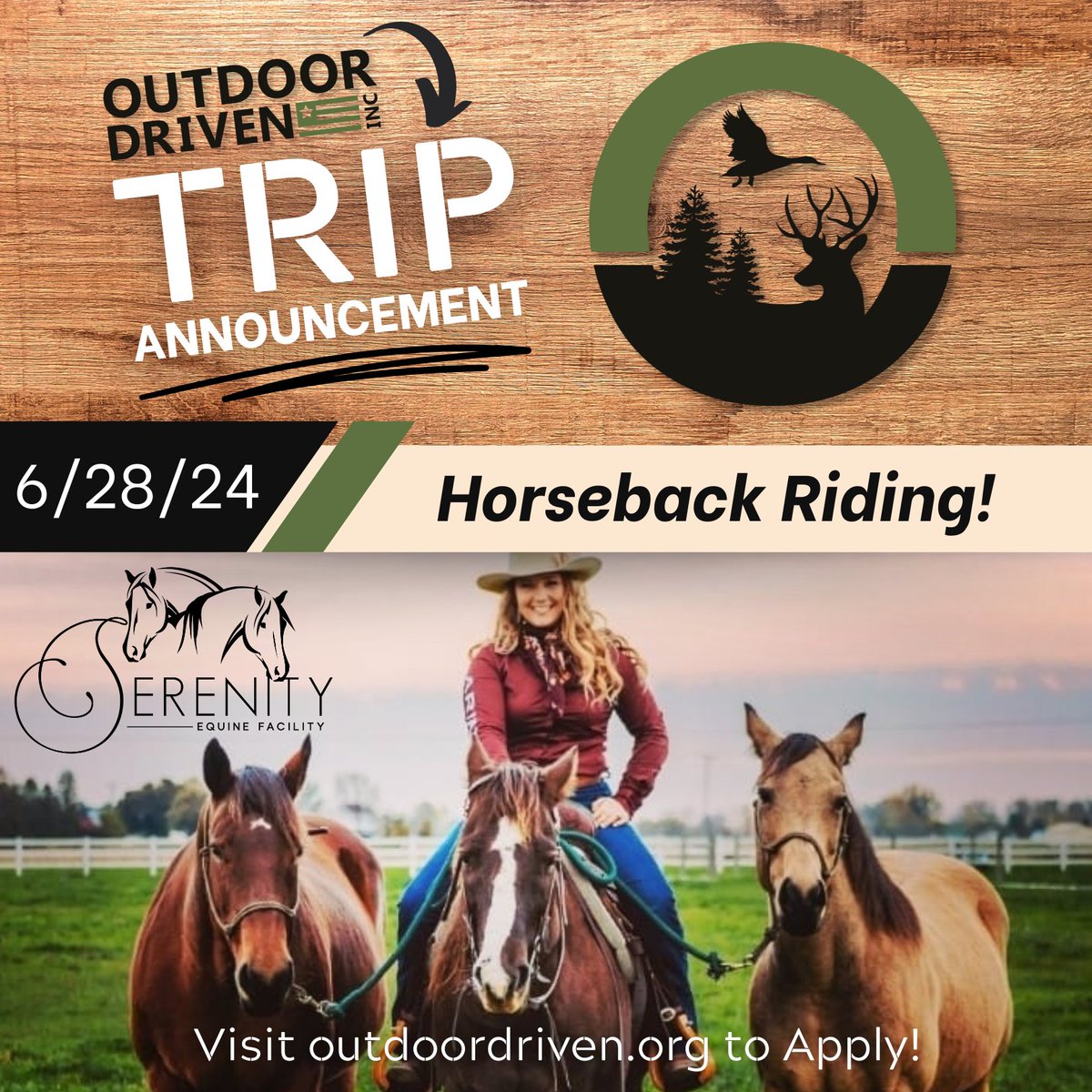 Outdoor_Driven's tweet photo. 📷𝐓𝐑𝐈𝐏 𝐀𝐍𝐍𝐎𝐔𝐍𝐂𝐄𝐌𝐄𝐍𝐓: Horseback riding w/Serenity Equine Facility for 4 Heroes!
• Friday, 6/28/24
• Essexville, MI
• 𝐏𝐑𝐎𝐕𝐈𝐃𝐄𝐃: Dinner, Horses &amp; all equipment needed
• 𝐍𝐎𝐓 𝐏𝐑𝐎𝐕𝐈𝐃𝐄𝐃: Travel To &amp; From
Visit https://t.co/YrZHvHZkUn to apply! https://t.co/oM5vzvm0GC