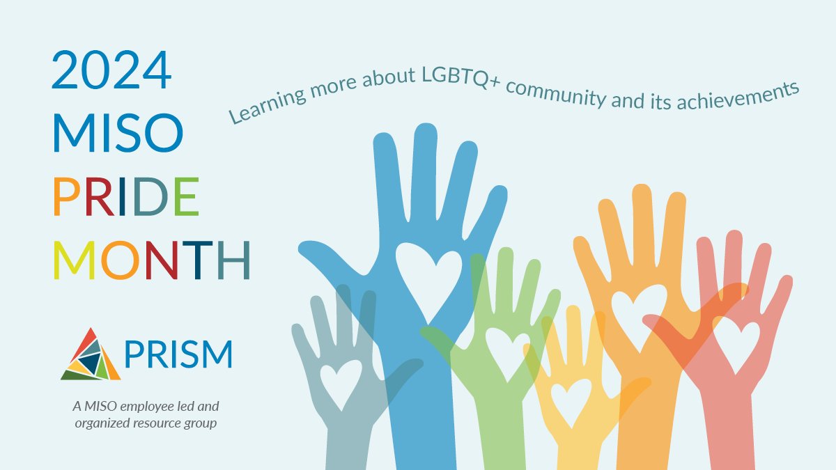 MISO_energy's tweet photo. Happy Pride Month! We're excited to celebrate this vibrant community and learn alongside Prism, our LGBTQ+ resource group.🏳️🌈
#PrideMonth #DiversityandInclusion #LifeAtMISO https://t.co/pO0h3SyICL