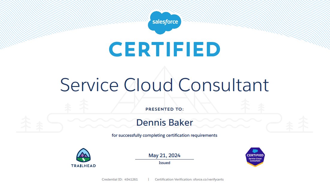 5x Certified! First of what I hope are two certifications this year. This certification is the culmination of working with Service Cloud for the past two years. My next goal is Advanced Administrator by the end of the year. <a href="/salesforce/">Salesforce</a> <a href="/trailhead/">Trailhead</a>