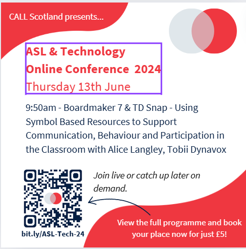 CALLScotland's tweet photo. ASL & Technology 24 is just ten days away! We know that visual supports help everyone! Join us at 9.50am next Thursday to find out all about Boardmaker 7 and TD Snap and how these symbol based resources could support learners in your setting.
https://t.co/5b3j0B0rFg #ASLTech24 https://t.co/VTbD89fG0D