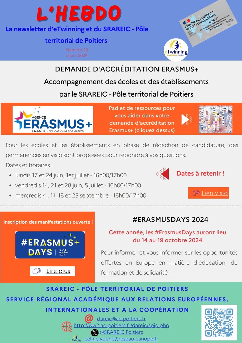 SRAREICPoitiers's tweet photo. #Newsletter 59   
👉Accompagnement candidature #erasmusplus 
👉#ErasmusDays2024
👉Projets-IN @ofaj_dfjw 
👉franco-allemand en @RANouvAquitaine 
👉Guide du #détachement pour #enseigner 🌍🌎
👉#Projets réalisés en établissements
https://t.co/dGOwyZRaWF https://t.co/C6c5gfrBe2