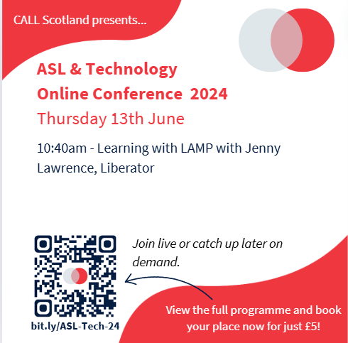 CALLScotland's tweet photo. ASL & Technology 2024 is just ten days away!
Here's a snapshot of what you can expect...
Join us at 10.40am to hear all about the therapeutic approach to Language Acquisition through Motor Planning (LAMP) from Jenny at Liberator.
https://t.co/5b3j0B0ZuO
#ASLTech24 https://t.co/uYDDyPyPeG