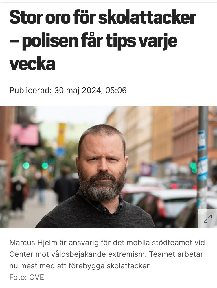 CVE_se's tweet image. Intervju i @dagenssamhalle med Marcus Hjelm, som leder CVE:s mobila stödteam, om förebyggande arbete mot skolattacker. 
Länk: dagenssamhalle.se/samhalle-och-v…