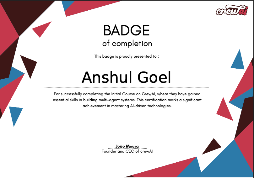 Thank you <a href="/joaomdmoura/">João Moura</a> <a href="/crewAIInc/">CrewAI</a> <a href="/AndrewYNg/">Andrew Ng</a>  <a href="/DeepLearningAI/">DeepLearning.AI</a> for bringing out this amazing course to learn about and use the power of AI Agents!