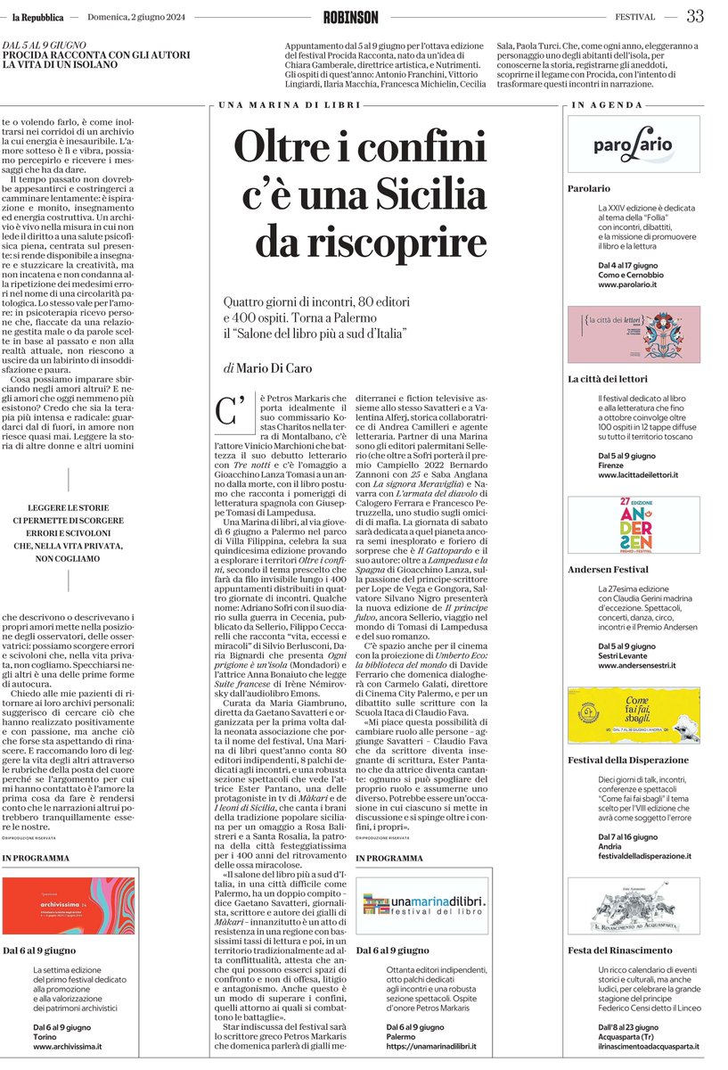 Su Robinson di <a href="/LaRepubblica_it/">La Repubblica It</a> in edicola ieri, un bell'articolo di Mario Di Caro racconta come sarà la quindicesima edizione del nostro festival: ospiti, appuntamenti, eventi da non perdere.
Vi aspettiamo a Parco Villa Filippina a Palermo da giovedì 6 a domenica 9 giugno.