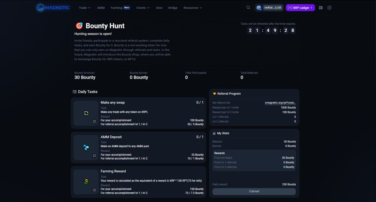 🟢The bounty hunt will be open very soon! 

 ✔️ Claim daily rewards
 ✔️ Complete tasks 
 ✔️ Invite friends 
 ✔️ Participate in a two-level referral system

➡️ For all this you will receive a Bounty!

Bounty is a currently non-existent token that you can earn only on Magnetic