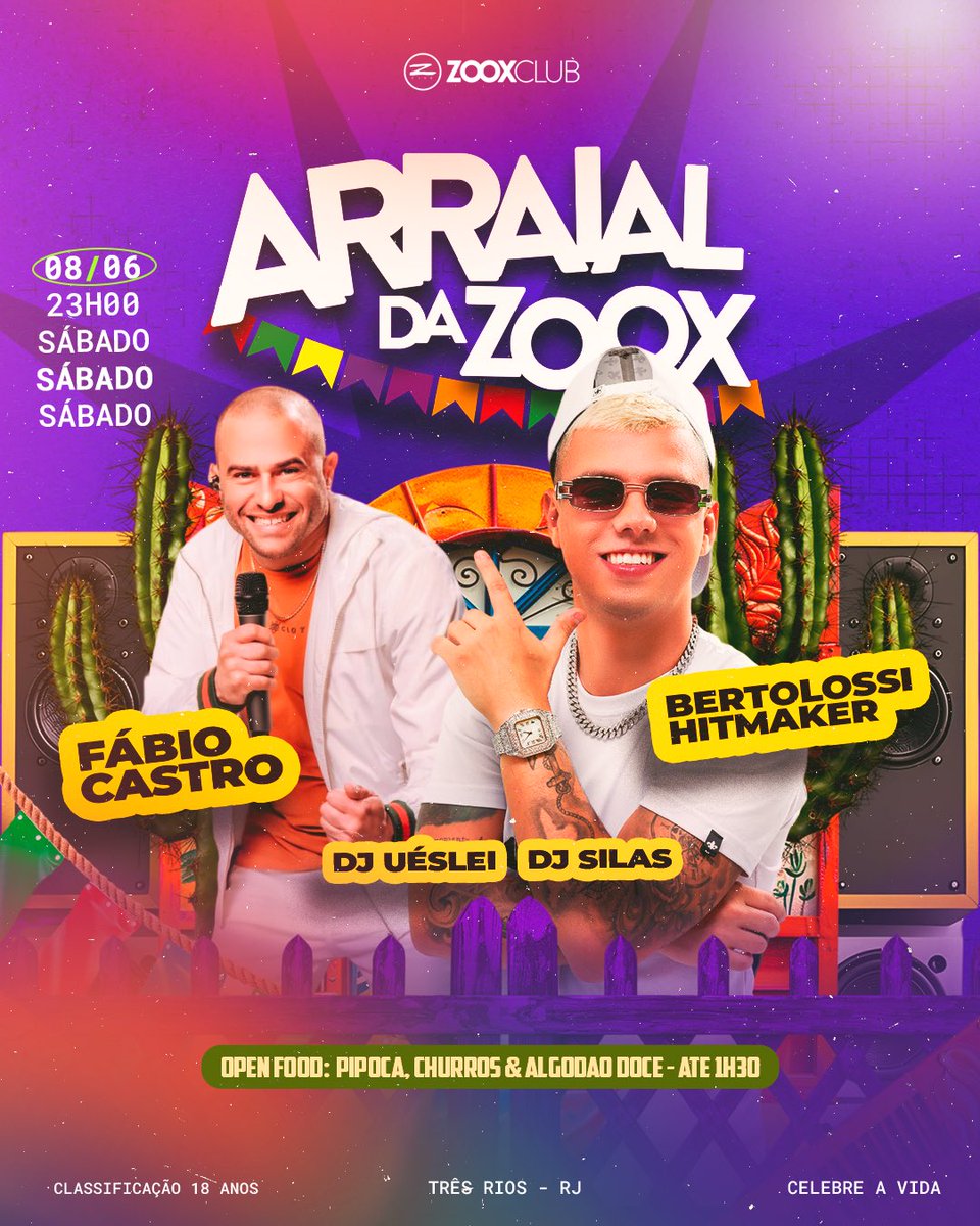 E aí, vamos?! A nossa festa mais TRADICIONAL tá de volta! Arraia da Zoox 💃🕺🏽Funk, sertanejo e pagode! Open de Churros, pipoca e algodão doce até 1:30 da manhã!

Lote Promocional início das vendas hoje!