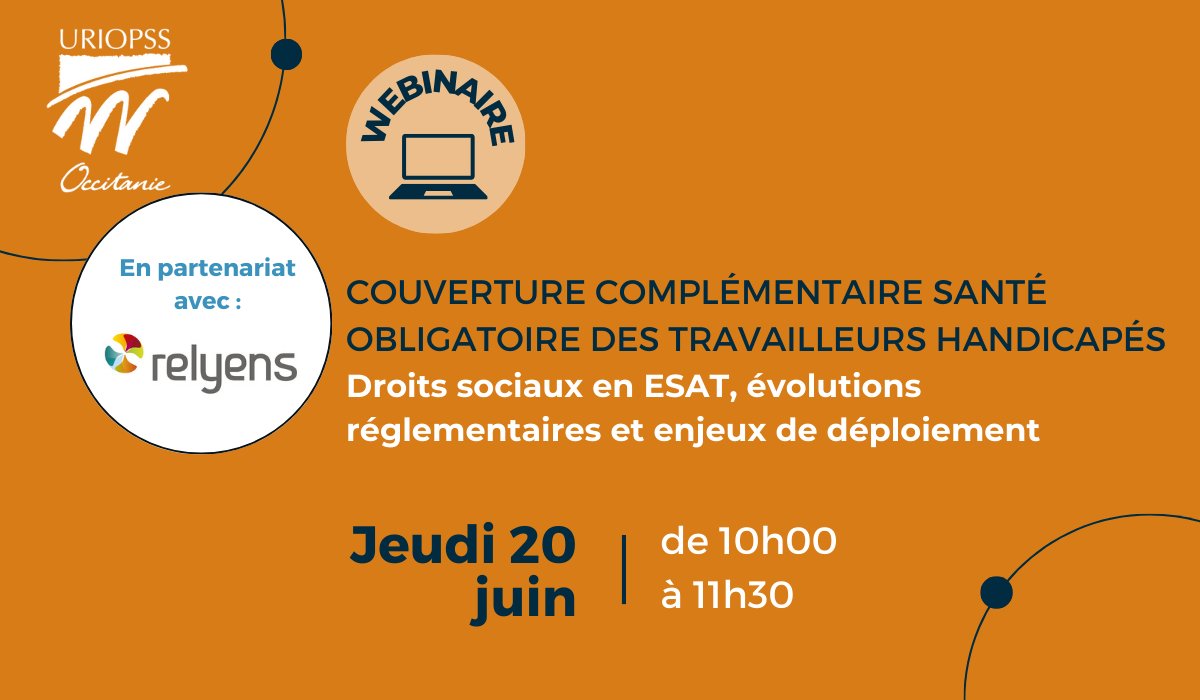 [WEBINAIRE] En partenariat avec @Relyens 

Couverture complémentaire santé obligatoire des travailleurs handicapés : Droits sociaux en ESAT, évolutions réglementaires et enjeux de déploiement

➡️Jeudi 20 juin
➡️10h - 11h30

📝Plus d'infos et inscriptions : us02web.zoom.us/meeting/regist…