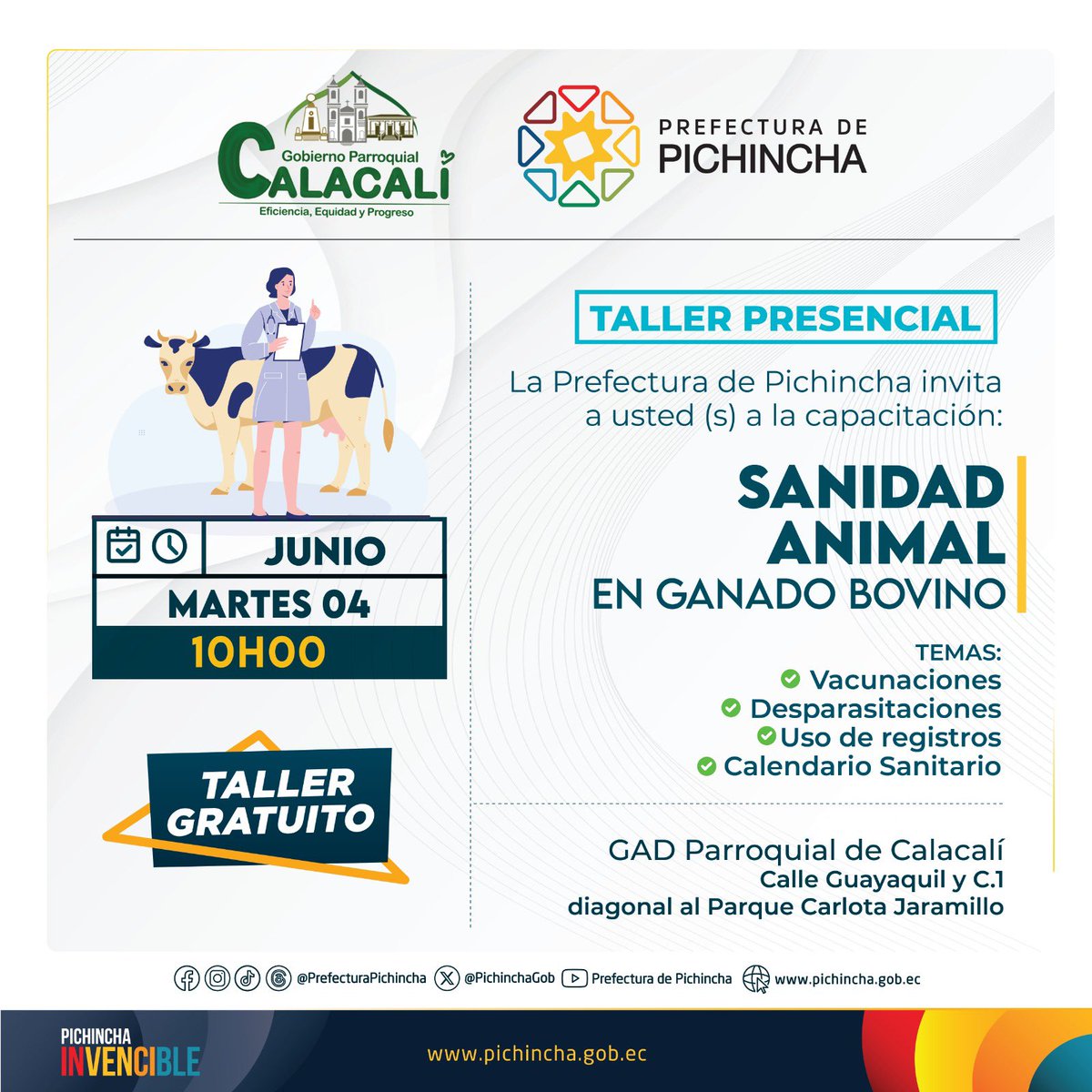 Atención ganaderos de #Calacalí‼️ Participa de la capacitación presencial GRATUITA sobre Sanidad Animal en Ganado Bovino 🐮, donde aprenderás sobre vacunas 💉, desparasitación 💊 y uso de registros. 📑 🗓️Martes, 4 de junio ⏰10h00 📍Gad Parroquial de Calacalí