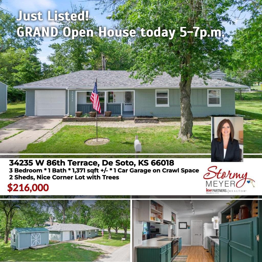 JUST LISTED FOR $216,000
GRAND OPEN HOUSE TODAY, June 3rd 5-7p.m.
34235 W 86th Terrace, De Soto, KS 66018
Ranch house 3 🛌1🛁
LISTING LINK: stormymeyer.kw.com/property/34235…
Stormy Meyer Keller Williams Realty Partners
Each office Independently Owned &amp; Operated