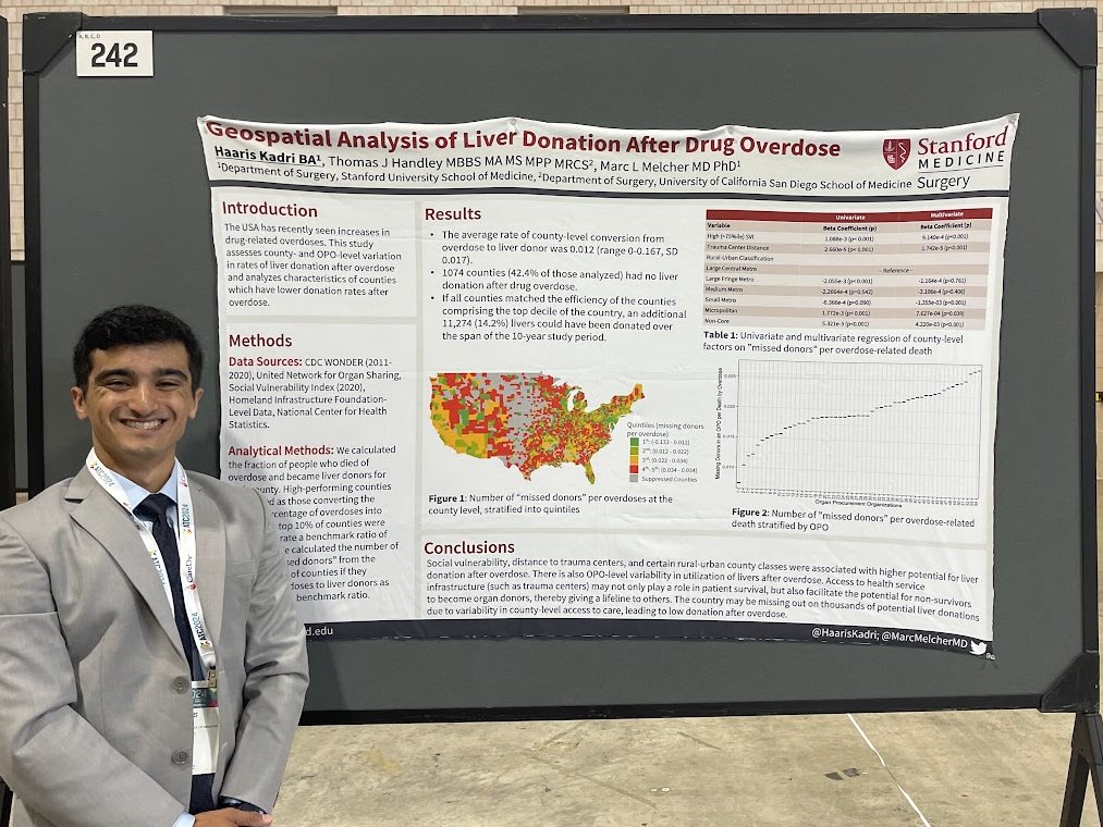 MarcMelcherMD's tweet photo. Long-time lab member, @CUAnschutz med student  @HaarisKadri, presented his poster "Geospatial Analysis of Liver Donation after Drug Overdose" at @ATCMeeting.  He quantified the missed opportunities to save more lives. @StanfordAbdTxp @StanfordSurgery https://t.co/aXfNqkB2Rp
