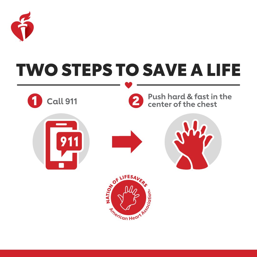 AHAMissouri's tweet image. This National CPR and AED Awareness Week, join the Nation of Lifesavers by learning the two steps of Hands-Only CPR. Here's what to do if you see a teen or adult suddenly collapse. Find out more about this lifesaving skill at spr.ly/6011eLEXB. #NationofLifesavers #CPRWeek