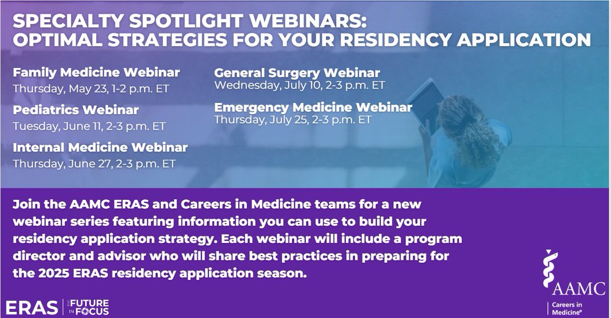ERASinfo's tweet photo. This summer, join the AAMC ERAS and Careers in Medicine teams for our Specialty Spotlight webinars. You'll hear from program directors and advisors for best practices as you you prepare for the 2025 ERAS application season. https://t.co/l6LqmPBGqw https://t.co/sexb8THFj9