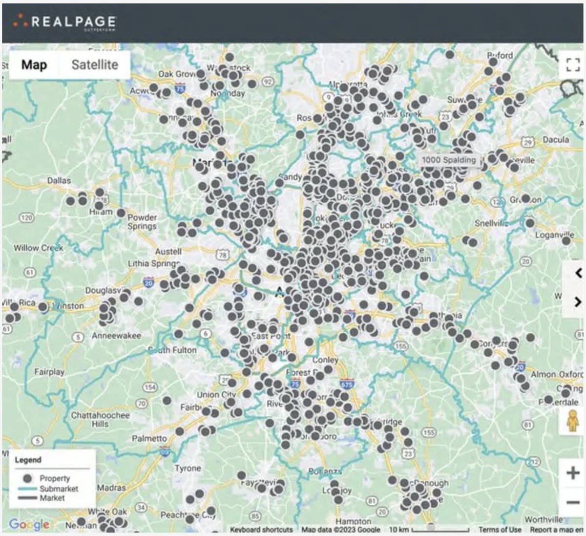brian_goldstone's tweet photo. The corporate landlord is based in Atlanta, where, as @matthewstoller points out, rents are up 80% since 2016. "What seems to have happened is that a bunch of landlords started using RealPage pricing recommendations."

This map of Atlanta landlords using RealPage is astonishing: https://t.co/gwML1IFbEs