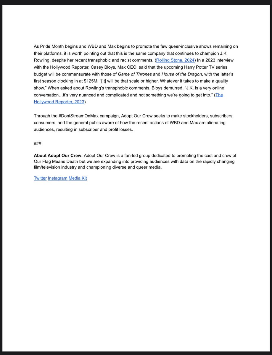 While this may have started with the campaign to save #OurFlagMeansDeath, #DontStreamOnMax seeks to hold WBD and Max accountable and show those in power that we won’t back down or be silenced.

Read more: drive.google.com/file/d/1kTrWiU…
