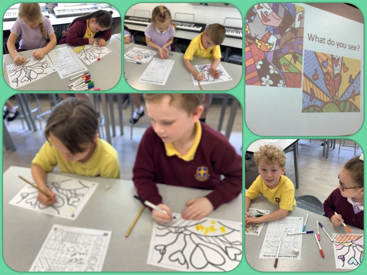 Year 1 began exploring the work of Romero Britto in their art session. To help us create similar art we used “Roll your Pattern” with a dice as a fun way to create an effective art piece . Rolling the dice and matching it to a pattern . 🎲🎨✏️