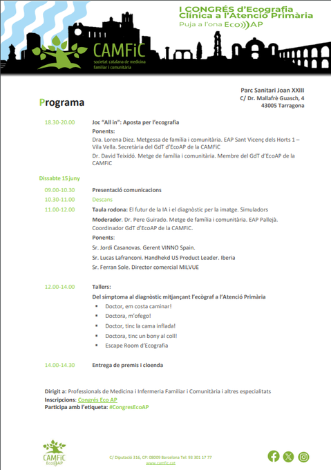 CAMFiC's tweet photo. El #CongresEcoAP de la #CAMFiC t'espera! 🗓️Del 13 al 15 de juny, uneix-te al GdT @ecoapcat a Tarragona, i viu un congrés ple de tallers innovadors, taules sobre futur #IA, diagnòstic per la imatge i molt més!
🌊 Encara no has pujat a l'#onaecoap? https://t.co/io26xuWXeC https://t.co/hxyVx3Nxq6