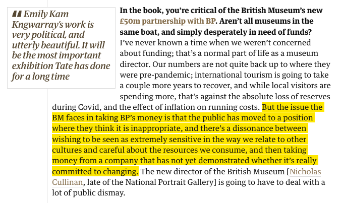 Cult_Unstained's tweet photo. Maria Balshaw, Director of @Tate (which was sponsored by major polluter BP for 26 years until 2016!) has called out the @britishmuseum's decision to keep taking money from the oil producer in her new book... 💸🛢️🏛️

#dropbp #climatejustice #ethics #arts 
https://t.co/ivfp7HfFvi https://t.co/e8Gw8wUV7Q