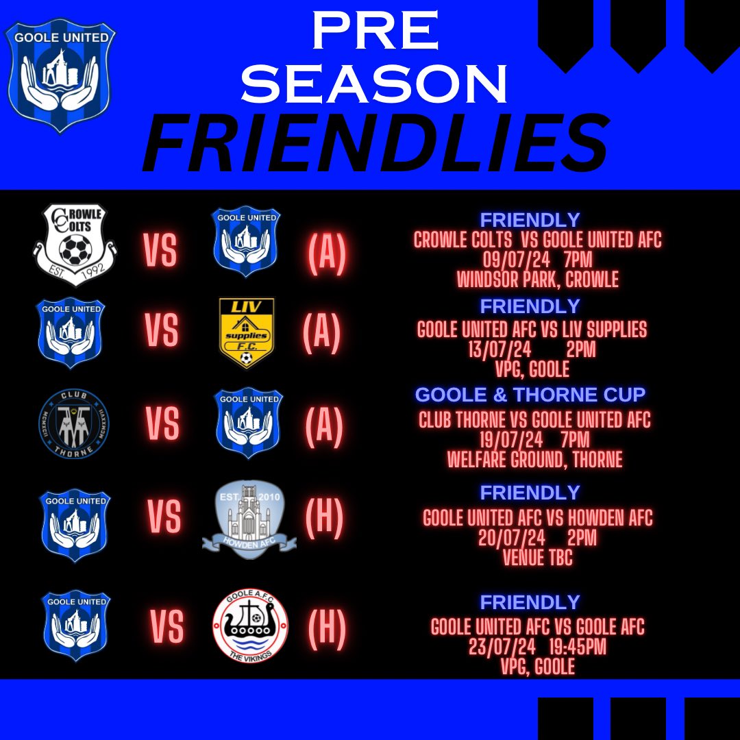 PRE SEASON FRIENDLIES 24/25 SEASON

Here is our list of our confirmed friendlies for the upcoming season. 

Our pre season training starts on TUESDAY 18th of JUNE at West park. 

All old and especially new players welcome!

All teams still looking for more friendlies!