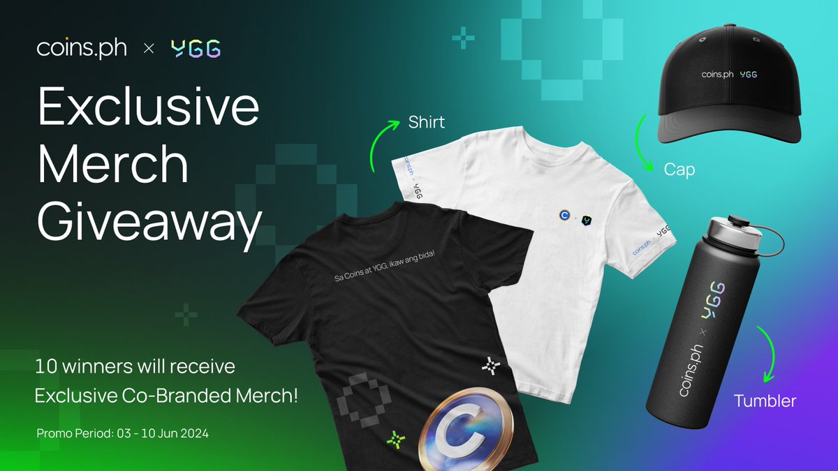 coinsph's tweet image. 👀📢  All eyes on the exclusive Coins x YGG Merch! 

Up for grabs! Here’s how to enter:
1️⃣ Verify your Coins account
2️⃣ Complete the Gleam mechanics 👉🏻 bit.ly/4e59QL8

👕🧢 Submit your entries by June 10 to snag this co-branded merch while you can! 10 winners will be…