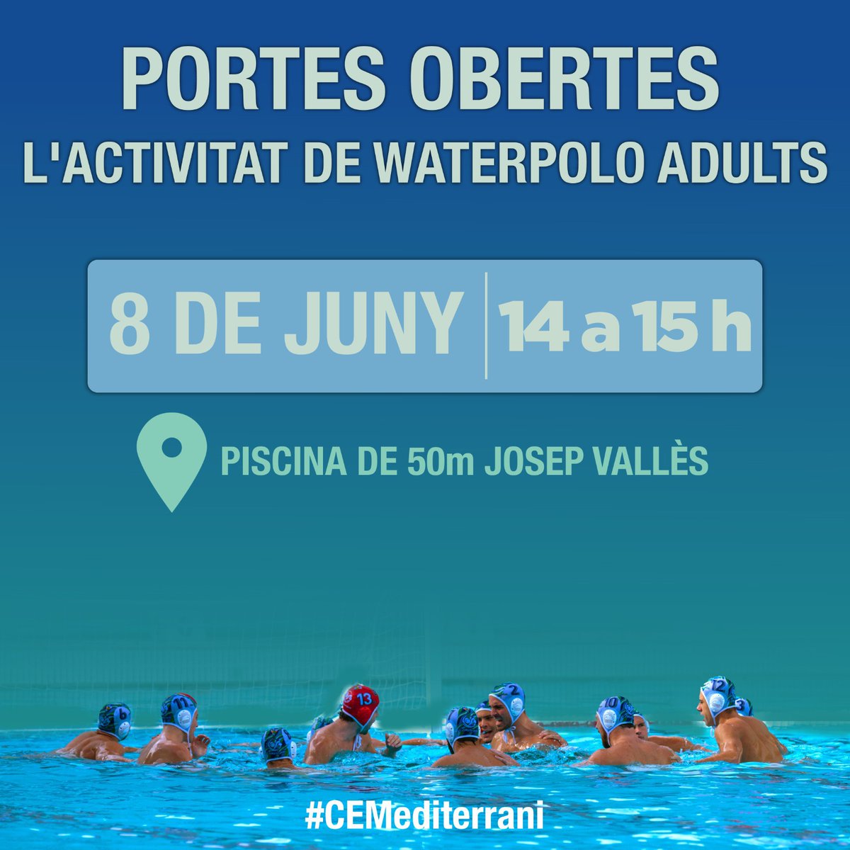 CEMediterrani's tweet photo. Portes obertes waterpolo adults 2024
T’agradaria jugar a waterpolo?

Vine a provar-ho a les nostres portes obertes el pròxim 8 de juny de 14 a 15 h a la piscina Josep Vallès.

Més info ➡️ https://t.co/Z7uXuqSJen

#CEMediterrani #waterpolo @sants_esports https://t.co/KE7POW9Nsr