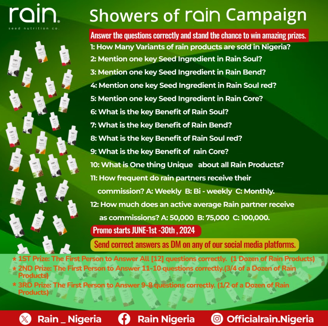 rain_nigeria's tweet image. Here comes rain shower campaign. Answer the questions and get a reward for it. Send your answer as  direct message in the inbox, answers in the comment session will not be acknowledged. 

#give 
#healtheworld 
#answerspace  
#strike
#sabinus